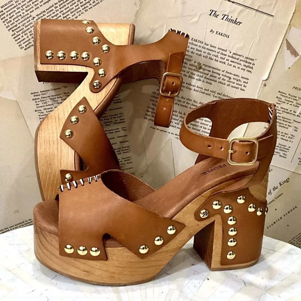 Free People Cecily Clogs Ankle Strap Platform Tan Leather Brass Studded - Picture 2 of 8